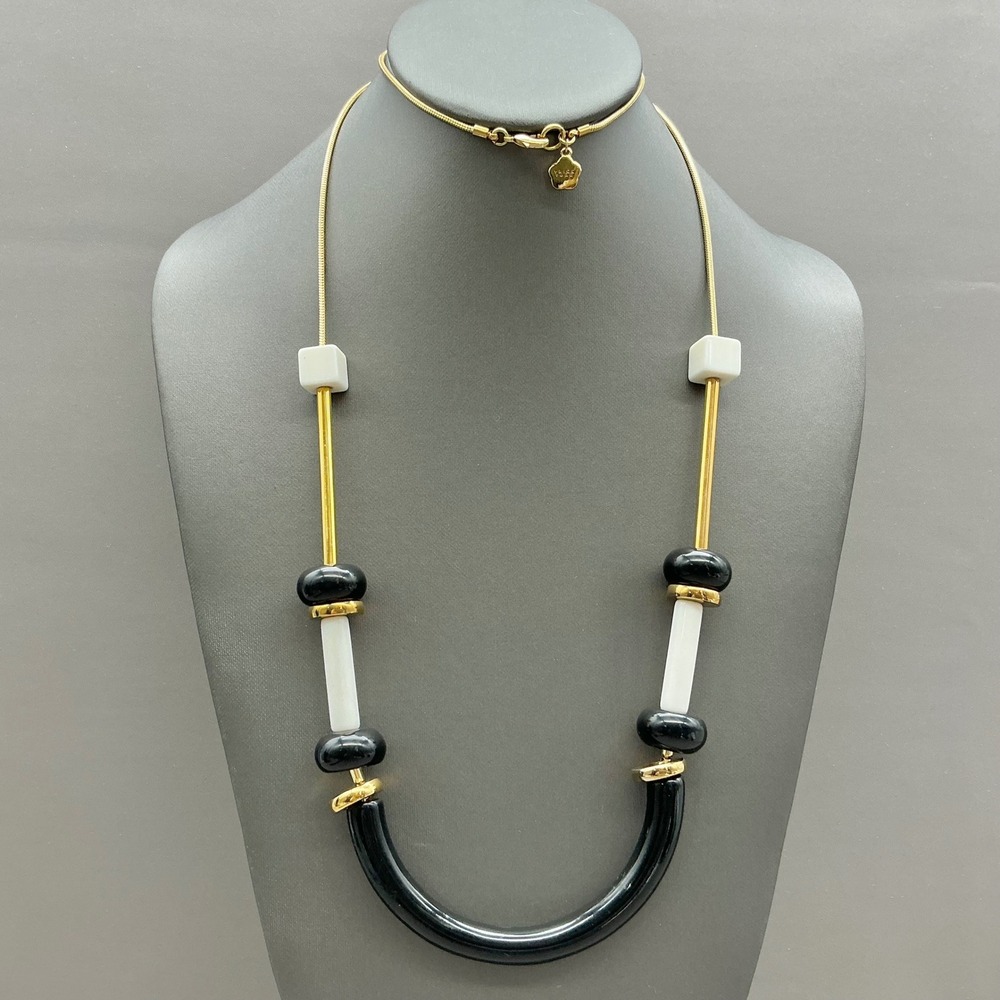 Trina Turk Necklace Zodiac Black White Gold Tone Geometric Statement Signed 28"